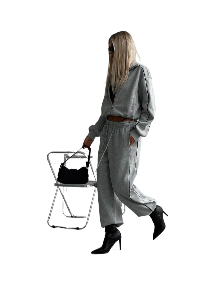 Cross-Border Casual Fashion European And American Style Women's Zipper Cardigan Jacket Sports Drawstring Pants_ecoleips.com