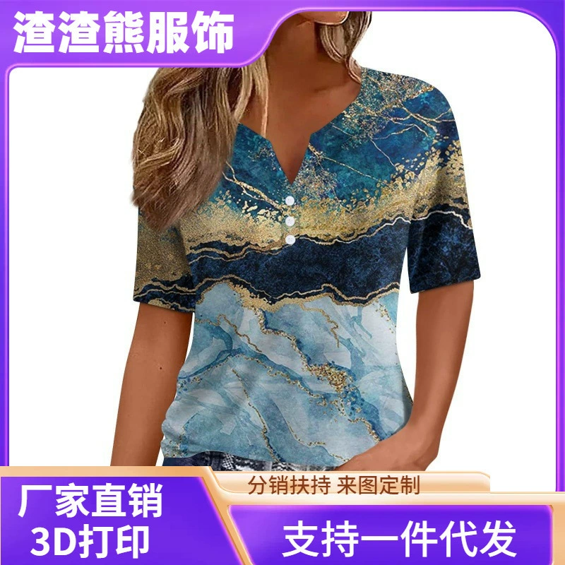 2025temu Самая популярная женская футболка с V-образным вырезом, трикнопная, с 3D-принтом, короткий рукав, европейские и американские женские топы