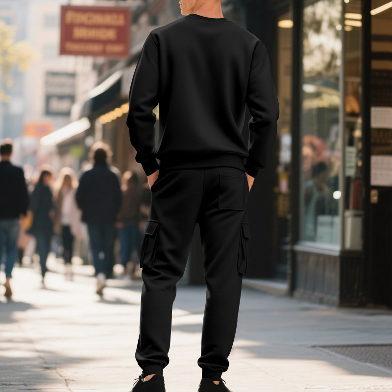 Europe, America, Autumn And Winter Heavy Velvet Men's Loose Casual Sports Tooling Round Neck Solid Color Sweater Trousers Set_viptrois.com