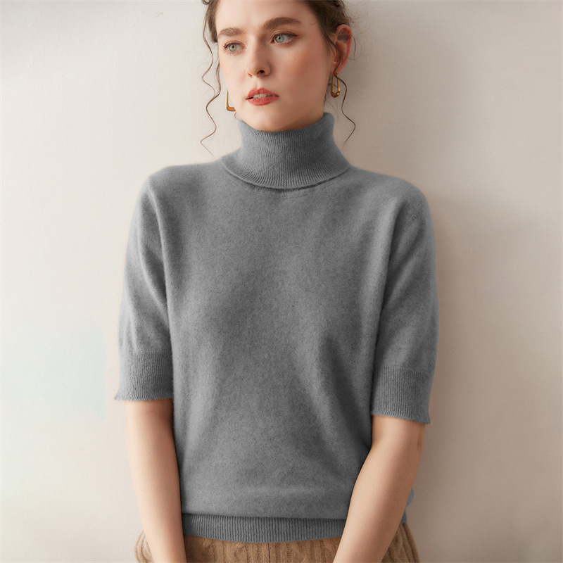 Fashionable and Elegant Cashmere Spring and Autumn New Knitted Mid-Sleeve High Collar Women's Half-Sleeve Top with Coat Inner Base Layer