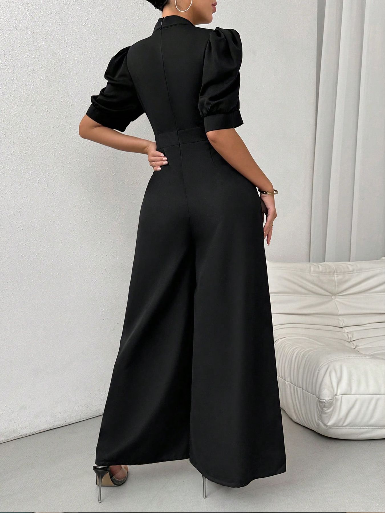 Amazon comercio exterior transfronterizo primavera y otoño v-cuello europeo y americano pantalones de camisa de mujer de cintura de manga corta pantalones de piernas anchas estilo de trabajo delgado