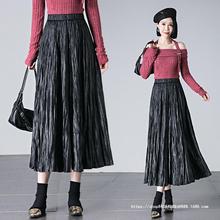 褶皱皮料半身裙女2025秋冬季高腰显瘦字裙中长款百褶大摆伞裙