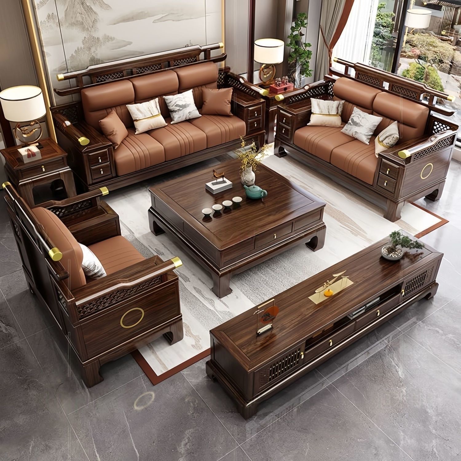 Solid Wood Sofa New Chinese Style Ebony Wood Modern Simple Large and Small Apartment Winter and Summer Dual-Use Storage Living Room Sofa Complete Set