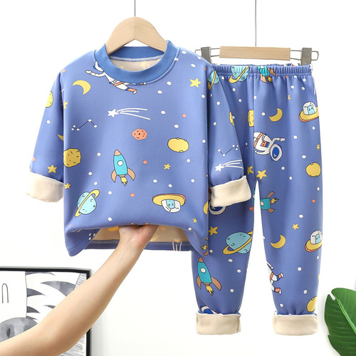 Children's warm innerwear set for boys and girls, middle and young children, with added padding and thickness, autumn tops and bottoms, baby sleepwear for infants and young children.