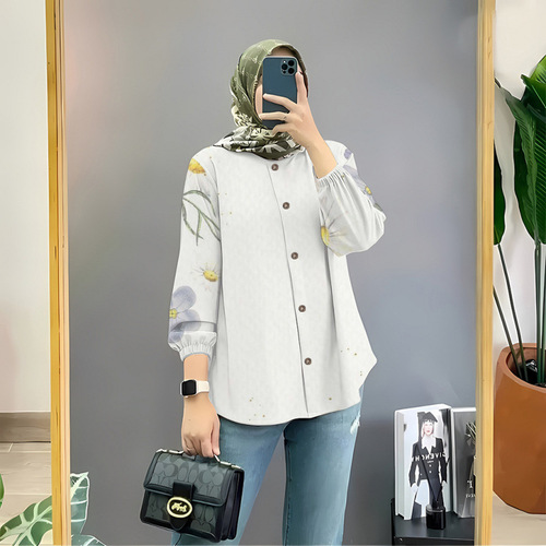 Muslim blouse floral women's shirt button-up Baju Muslim style