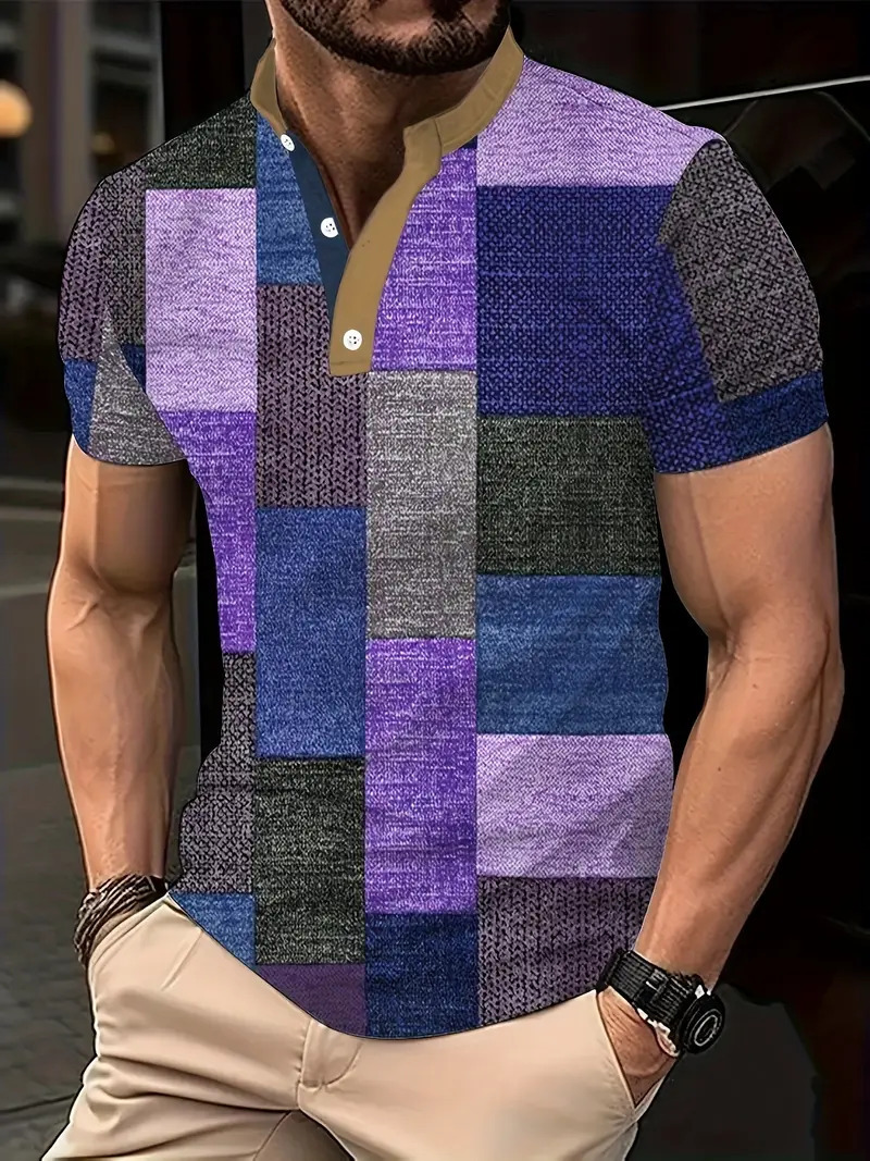 Nuevo estilo transfronterizo de verano 3d geométrico cubo estampado cuello alto botón de manga corta polo playa casual ME13