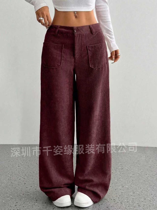 欧美女装亚马逊跨境爆款休闲裤灯芯绒高腰多口袋宽松拖地阔腿裤|undefined