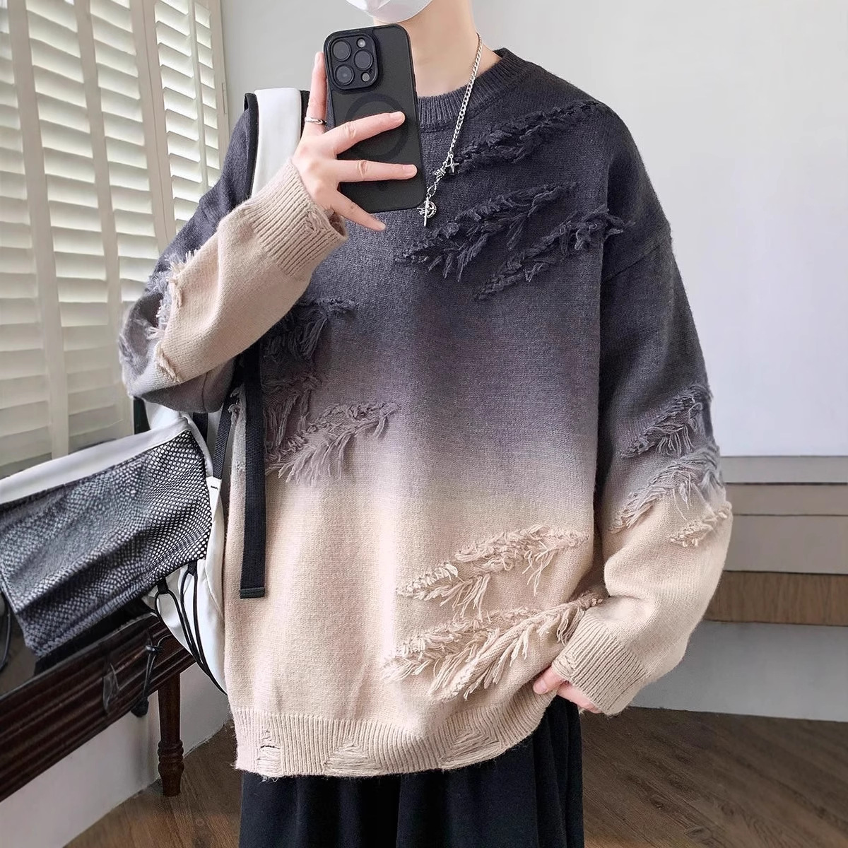 高品质渐变毛衣男士秋冬潮牌保暖休闲打底针织衫青少年宽松服装