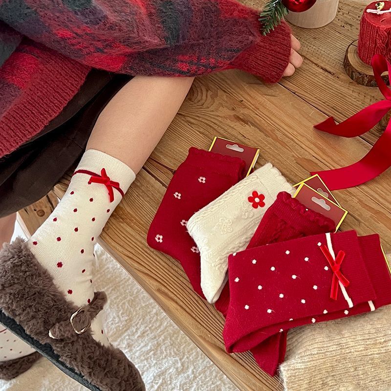 Zhuji Spring and Summer Thin Red Socks for Women, Christmas Bright Red Polka Dot Bow Mid-Tube New Year Red Slouch Socks