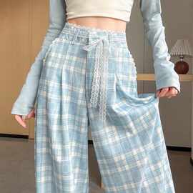 韩系蕾丝花边宽松阔腿裤女2025春秋季多巴胺蓝色格子长裤慵懒显瘦