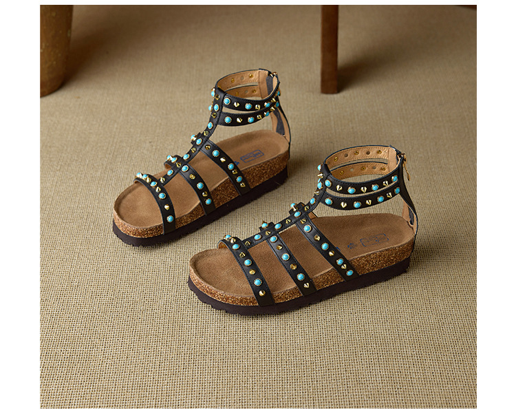 Sandal nữ hở mũi đế dày 4.5 cm phong cách Bohemian đinh tán — đen chi tiết 20