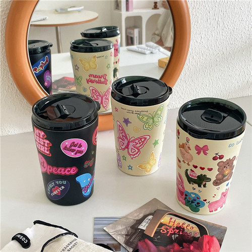 Cute cartoon thermos cup for women  new student coffee cup portable tumbler water cup stainless steel cup