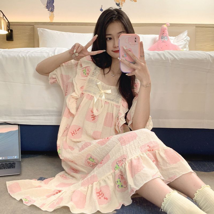 Pijama de mujer de verano tejido espuma tejida tela arrugada pijama de mangas cortas princesa vestido de viento suelto vestido de casa de verano