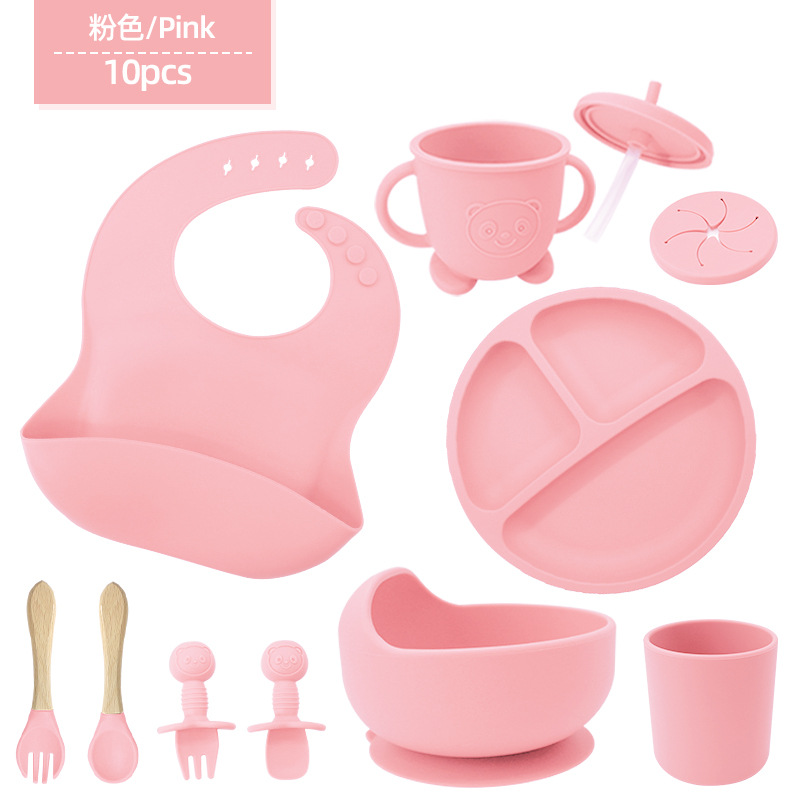 Conjunto de cubiertos de silicona para niños cubiertos de alimentación de grado alimenticio para bebés cubiertos de alimentación integral a prueba de caídas tazón taza de paja