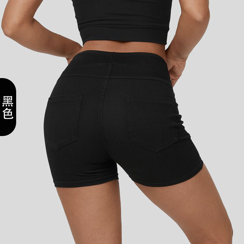Pantalones cortos de yoga de mezclilla transfronterizos para mujer, cintura alta, bolsillos delgados para levantar la cadera, deportes para correr, pantalones casuales de tres puntos