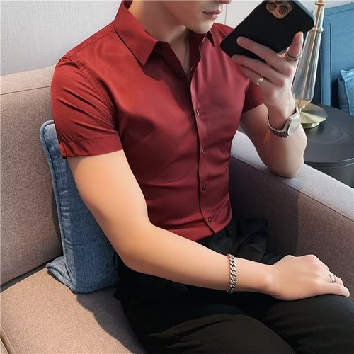 2024 Summer New Men's Short-sleeve Solid Color Shirt Thin Style Square Collar Youth Slim Fit Business Gentleman Fashion