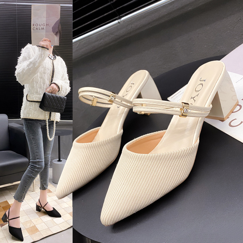 Pointed Toe, Closed-Toe, Mid-Heel, Chunky Heel, Slip-On Sandals for Women, Summer 2024 New Style, Breathable Fabric, Outdoor High Heels