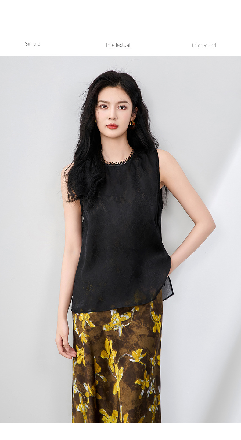 Áo hai dây organza ren cổ tròn phong cách thanh lịch mùa hè — Màu đen chi tiết 2