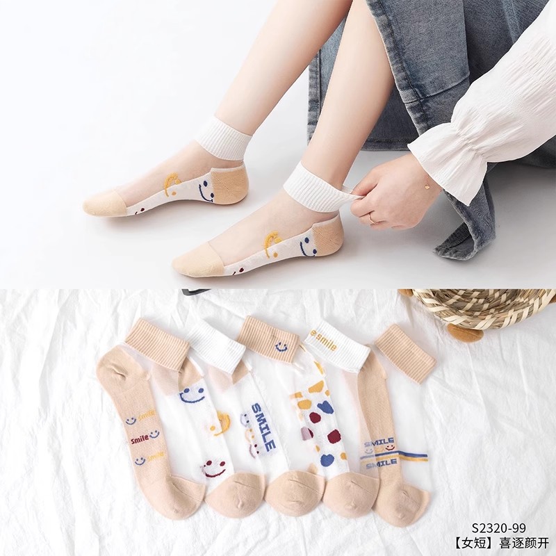 Socks for Women Cute Crystal Silk Socks Brown Cartoon Bear Ice Stockings Summer Thin Transparent Preppy Style Cotton Socks