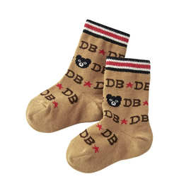 童袜 男女儿童卡通黑熊字母满刺绣中筒袜宝宝袜子代发