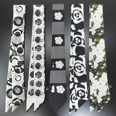 Spring New Black and White Simple Rose Floral Women's Choker Strap Bags Silk Ribbon Headband Flowing Ribbon Decorative Small Scarf
