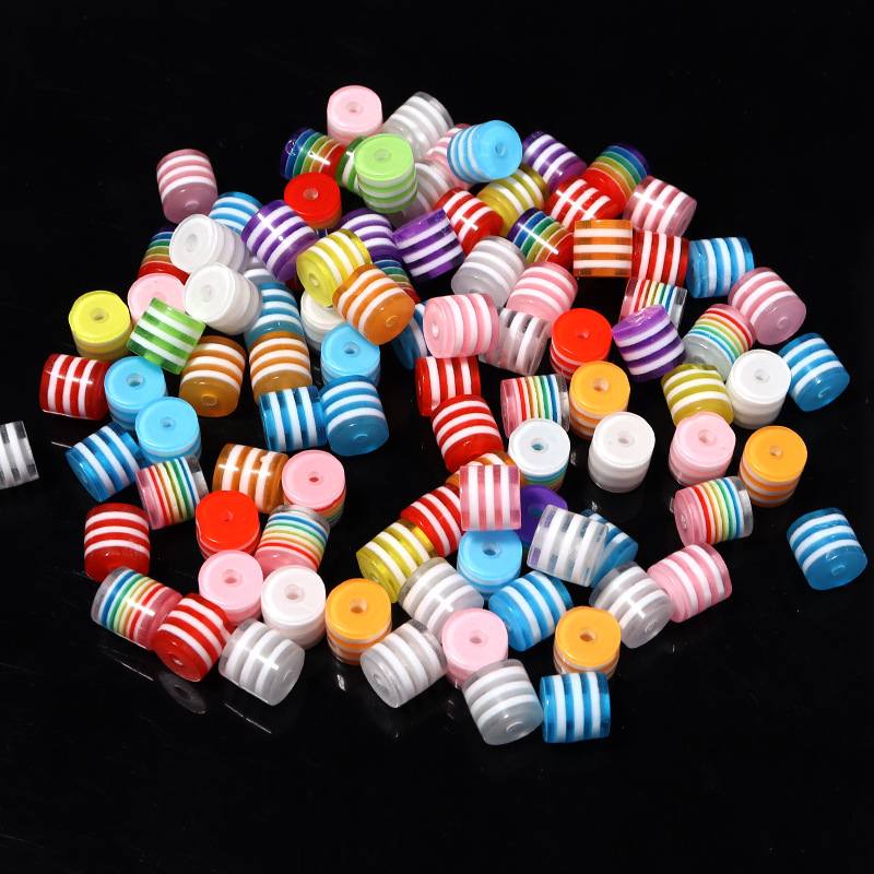 8mm彩虹條紋圓柱散珠樹脂彩色圓珠糖果色直孔透明桶珠diy飾品配件