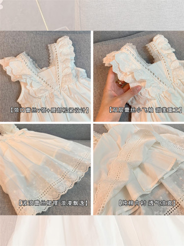  Korean-style girl's summer tank dress, white princess dress with lace trim for little girls