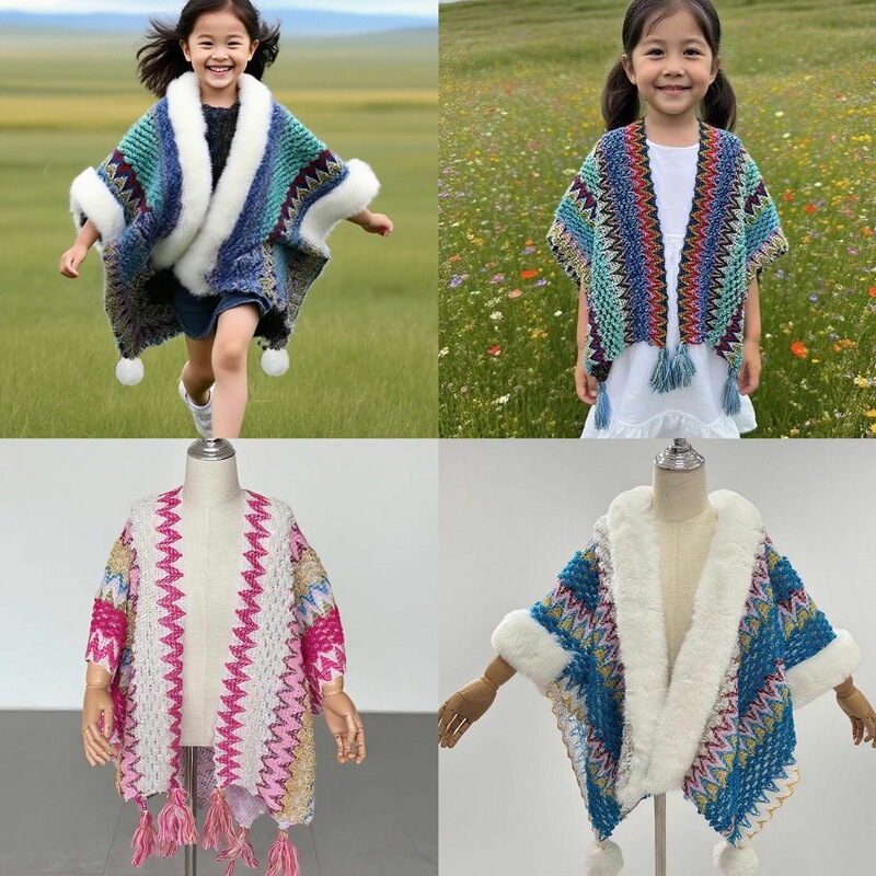 New Yunnan Lijiang Travel Children's Style Knitted Cardigan Ethnic Style Fashion Fur Collar Shawl Cape Fashionable Outerwear