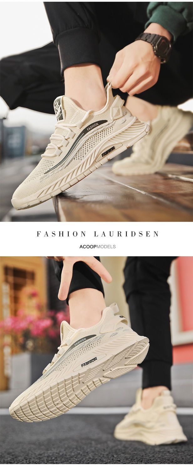 Chaussures de course respirantes Flyweave pour hommes, été, semelle souple, chaussures décontractées en maille, blanches et noires, à lacets, polyvalentes, pour jeunes_voghion.com