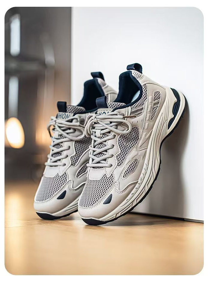 Giày thể thao nam sneaker thân lưới thoáng khí, đế cao su gót thấp, dây buộc, phong cách casual — F901 màu đen, F901 xám nhạt, F901 xám đậm chi tiết 6