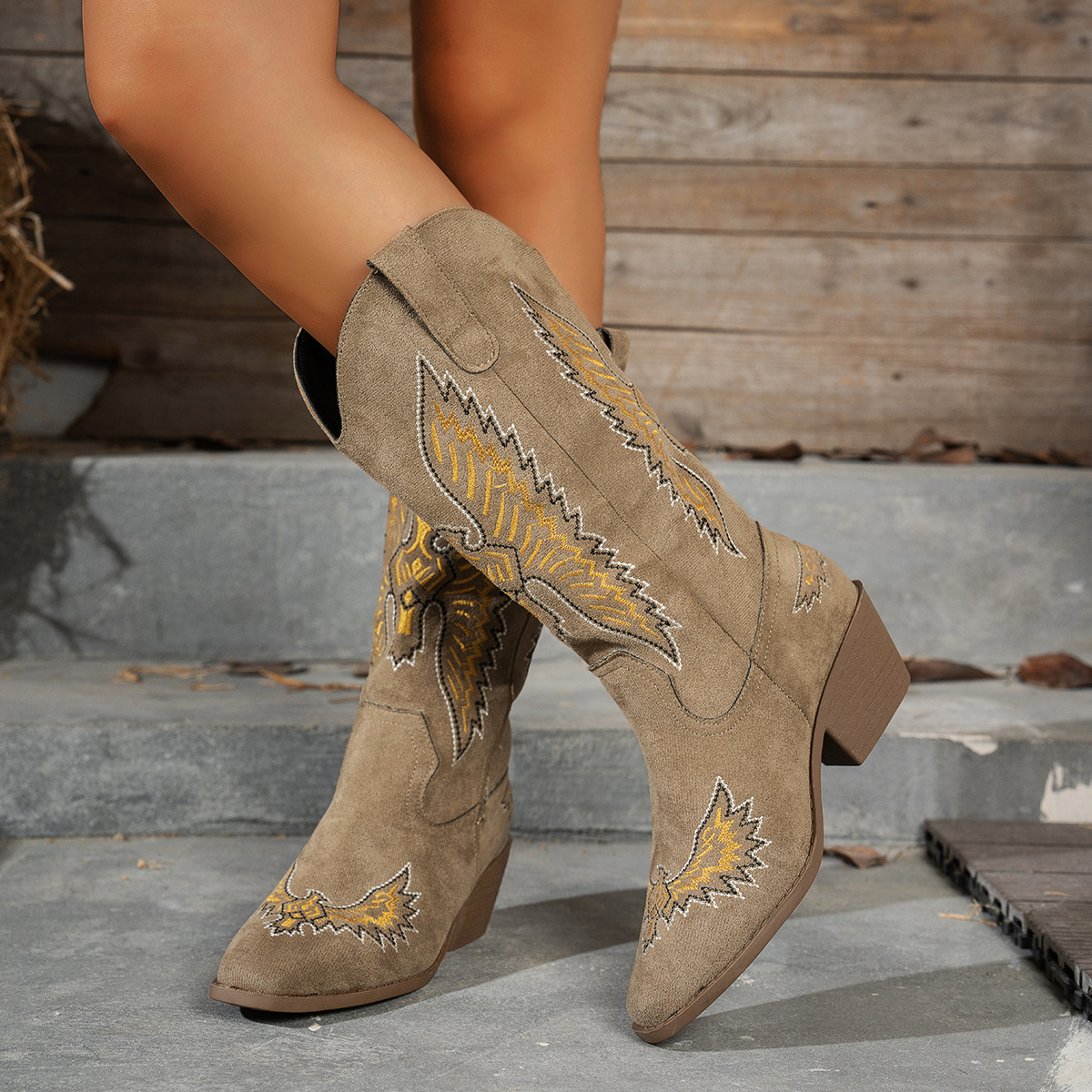 Winterse suède rijlaarzen met borduursel en middelhoge hak voor dames, plus size, met dikke hak en spitse neus, western cowboylaarzen._voghion.com