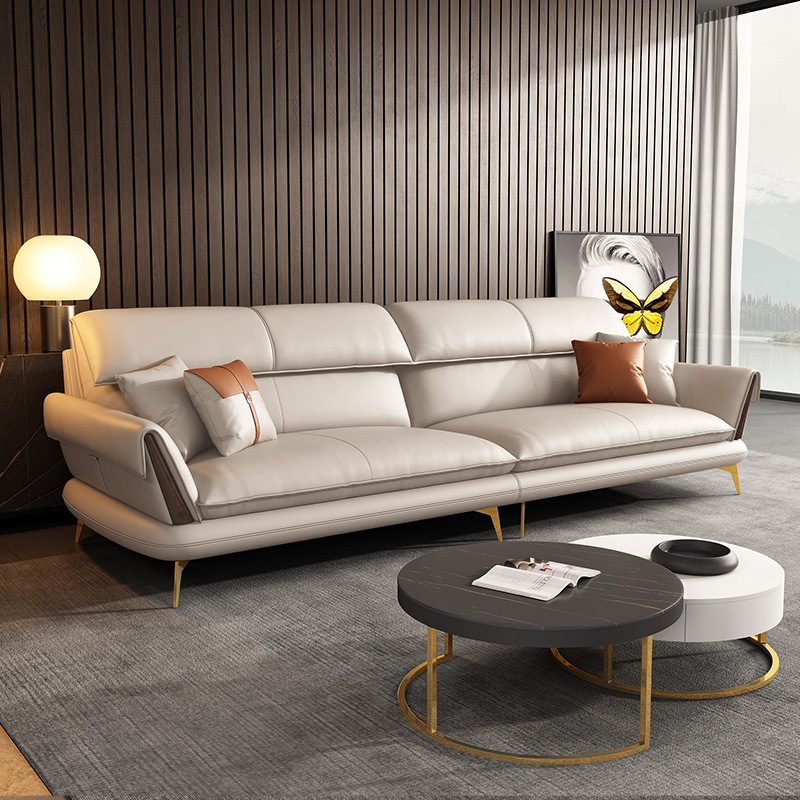 Sofá de cuero primera capa de piel de vaca italiano minimalista de tres asientos sofá muebles de sala de estar respaldo alto sofá de fila recta combinación