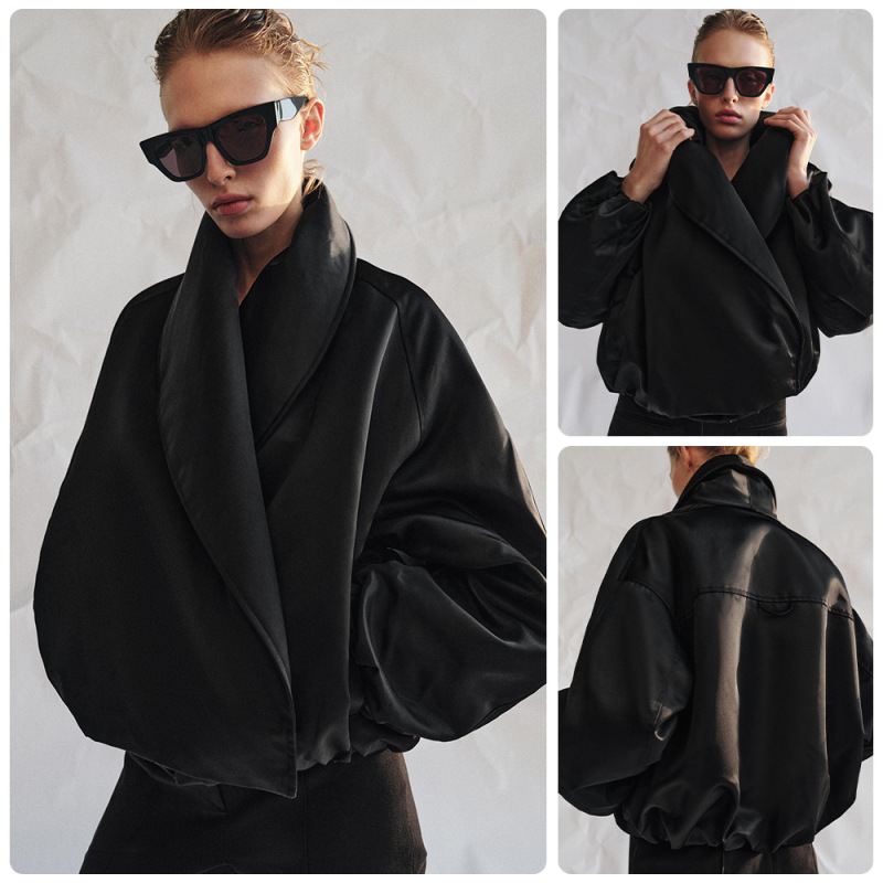 European and American 2026 Cross-Border Foreign Trade New Minimalist Style High-End Women's Clothing Asymmetrical Wrap-Around Black High-Neck Short Jacket European and American 2026 Cross-Border Foreign Trade New Minimalist Style High-End Women's Clothing Asymmetrical Wrap-Around Black High-Neck Short Jacket