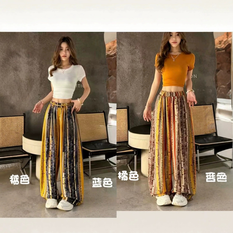 Summer Striped Wide-Leg Pants High-Waisted Loose Casual Floor-Length Pants Cross-Border Trade Quick-Dry Pants Summer Drapey Feel