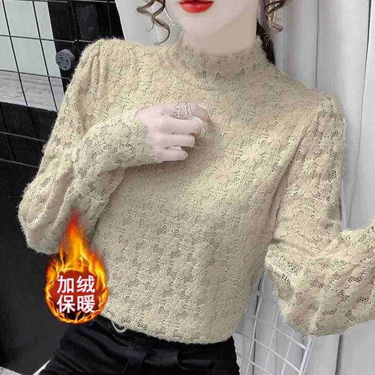 Half-High Collar, Fleece-Lined, Thick Lace Blouse for Women, Stylish Inner Layer, Fashionable Top for Autumn and Winter 2025