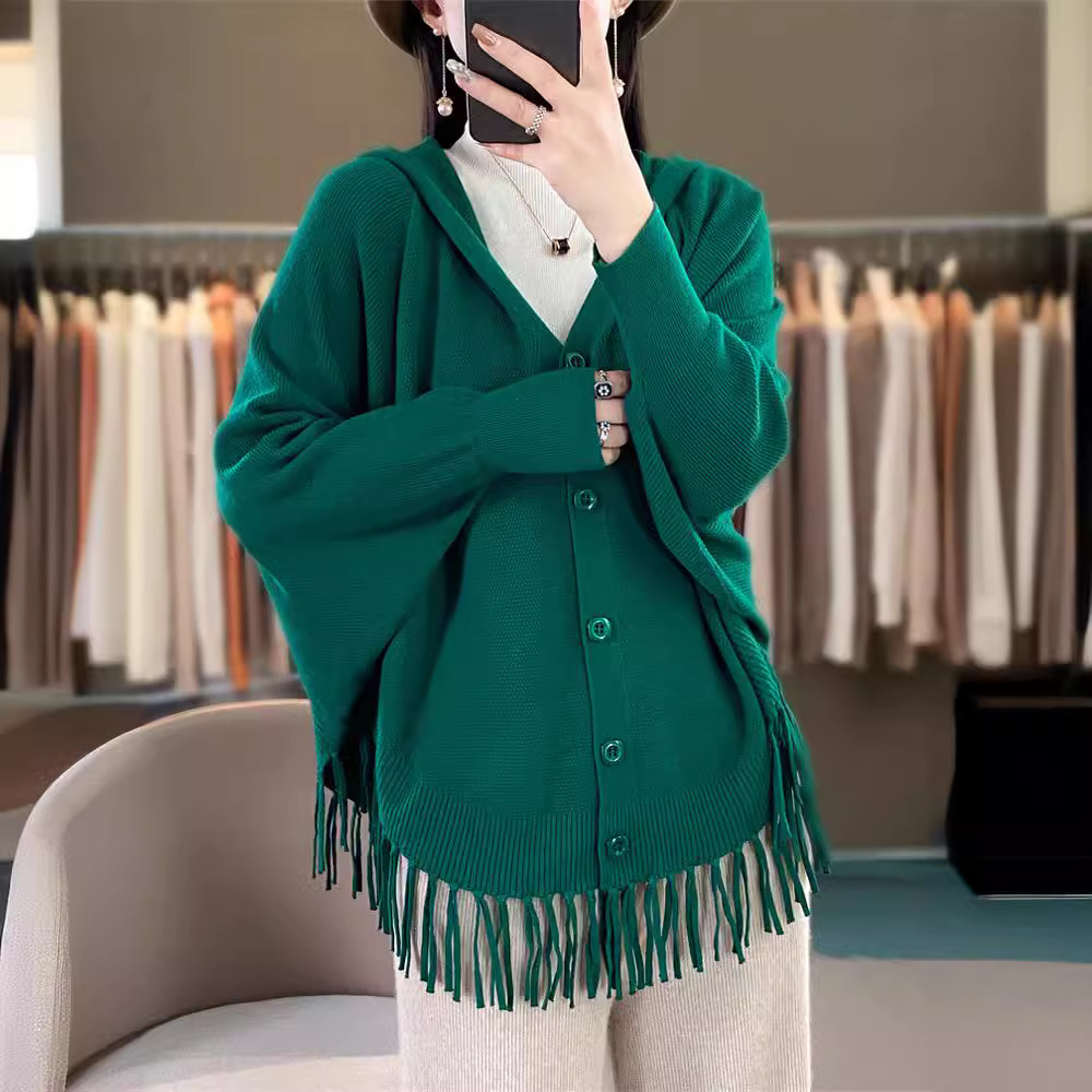 Lazy Style Tassel Knitwear Coat Women's Autumn Green Casual plus size Bat Hooded Sweater Loose Cardigan
