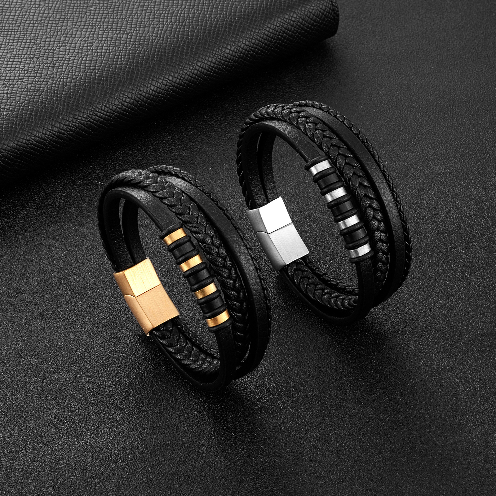 Bracciale in corda di pelle da uomo Bracciale elettrolitico bicolore Bracciale da uomo in pelle lavorata a maglia semplice multistrato_voghion.com