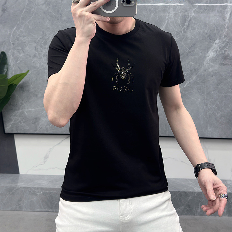 2026 New Summer Mercerized Cotton Men's Short-Sleeve Rhinestone Fashion Versatile Ice Silk T-Shirt Men's European Trendy Brand