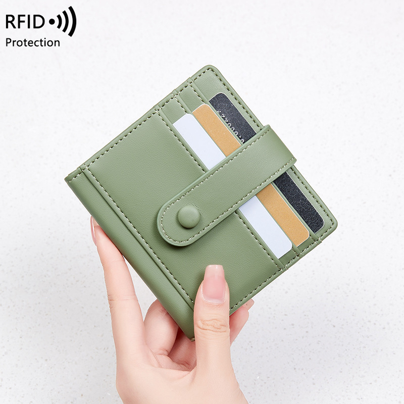 RFID anti magnetic women's wallet PU solid color buckle credit card bag small and lightweight short coin purse_voghion.com