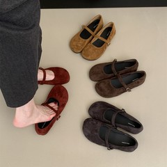 复古晚晚风绒面玛丽珍鞋子女秋冬新款红色芭蕾舞浅口软平底单鞋女