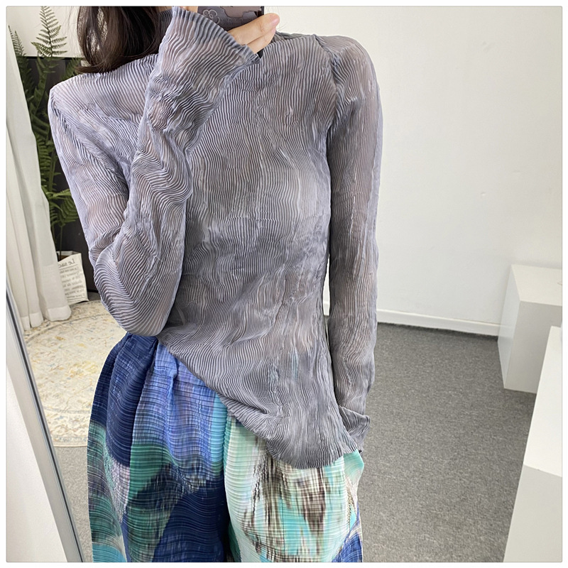 夏季超薄长袖上衣女设计感三宅柳条系列褶皱防晒t恤女士体恤衣服|undefined