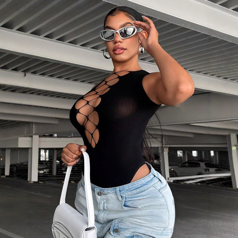 European and American Cross-Border 2025 Summer New Women's Sleeveless Hollow-Out See-Through Slim Mesh Sexy Fashion Jumpsuit for Women