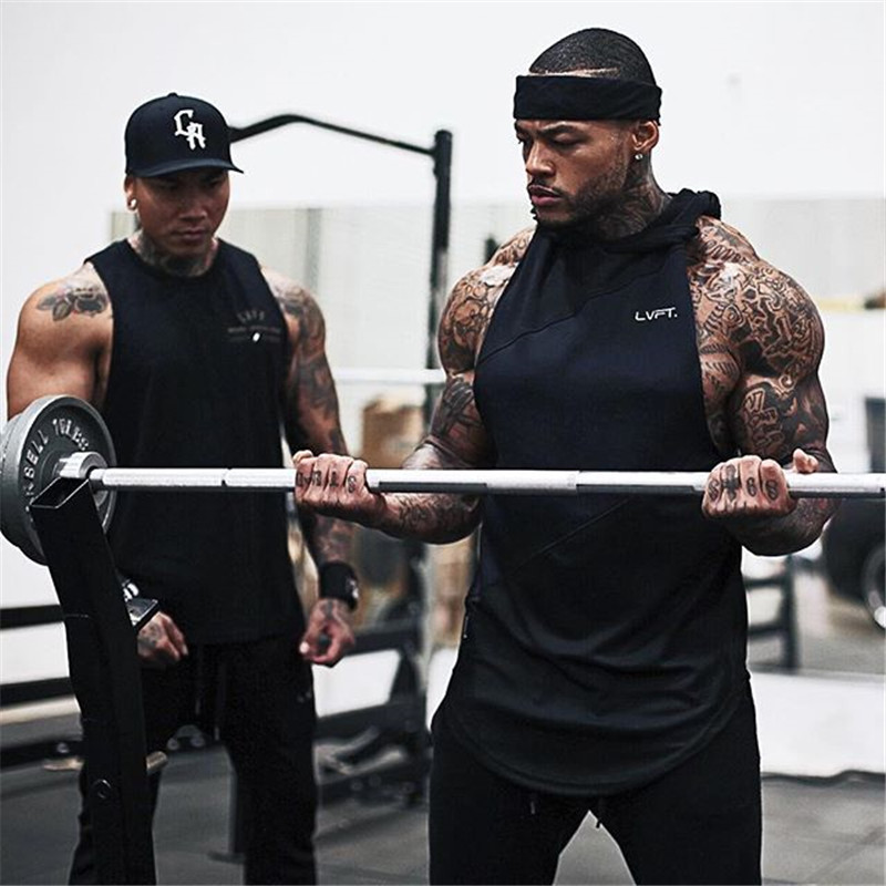 Muscle Sports Hooded Quick-Drying Vest-Style Men's Sleeveless Patchwork Vest Top Breathable and Quick-Drying