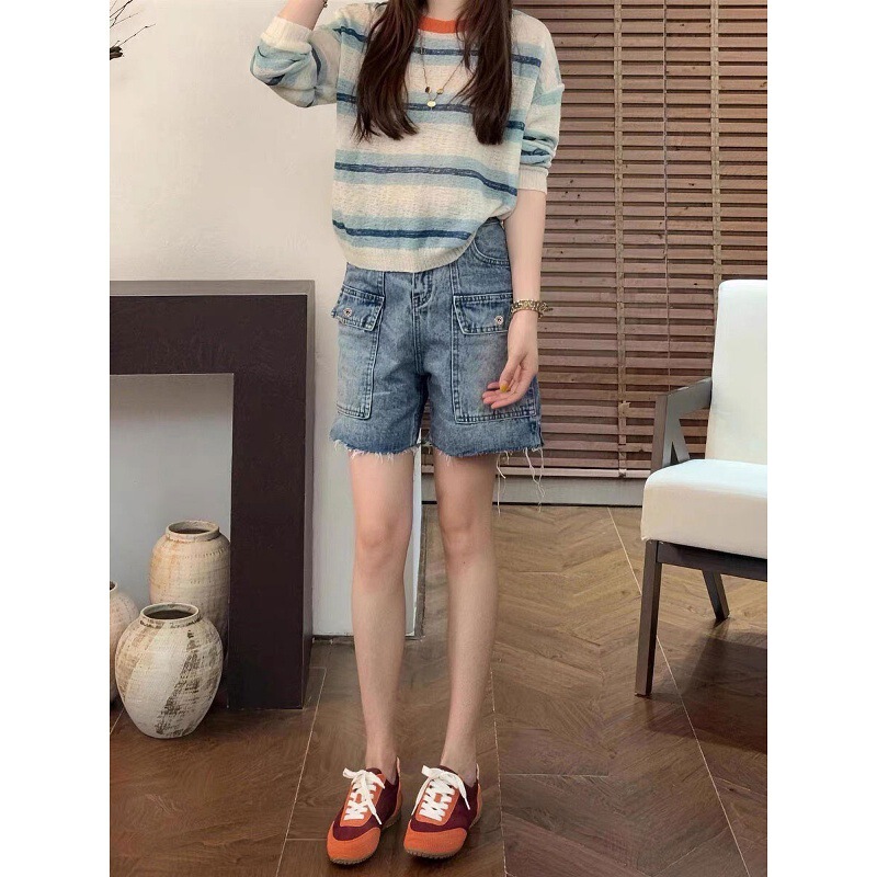 American-Style Plus-Size Workwear Denim Shorts for Women, 2026 New Summer Thin Style, Slimming High-Waisted Wide-Leg Straight Pants for Plus-Size Women