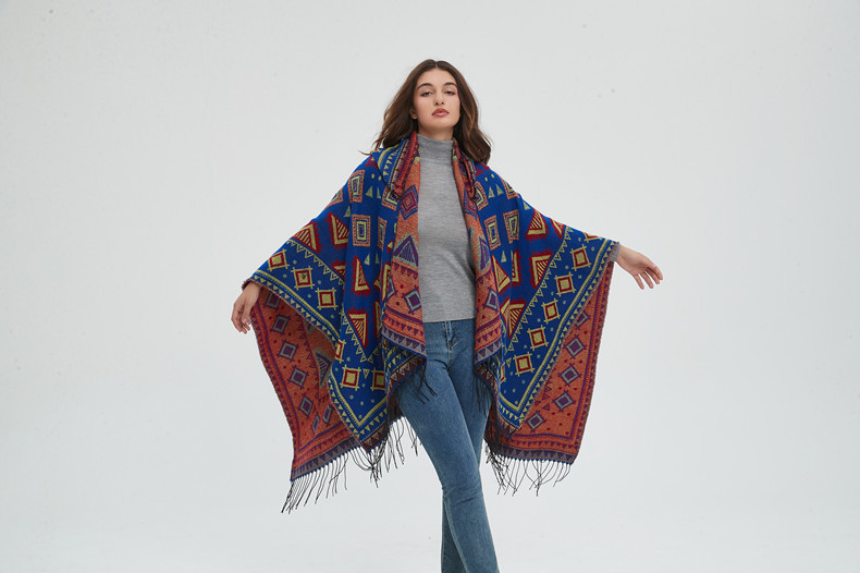 Unisex Hooded cape Winter travel jacquard fringed shawl for women_viptrois.com