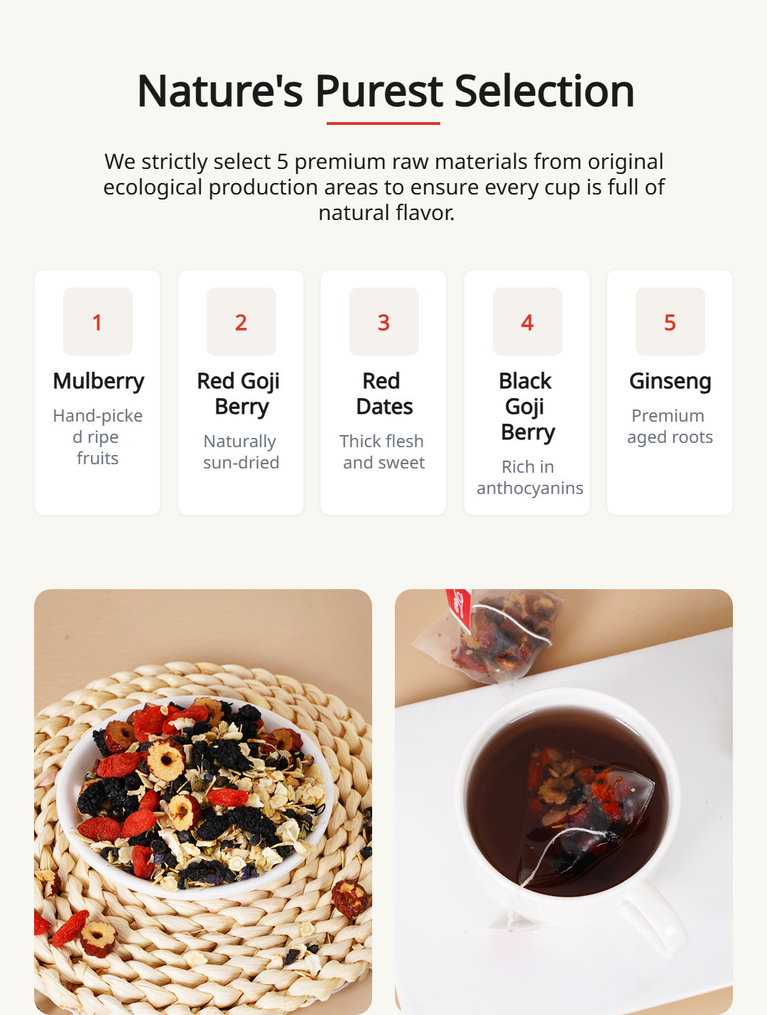 Ginseng Mulberry Goji Berry Tea Ren Shen Sang Shen Gou Qi Cha 150g Loose Herbal Blend quality and texture