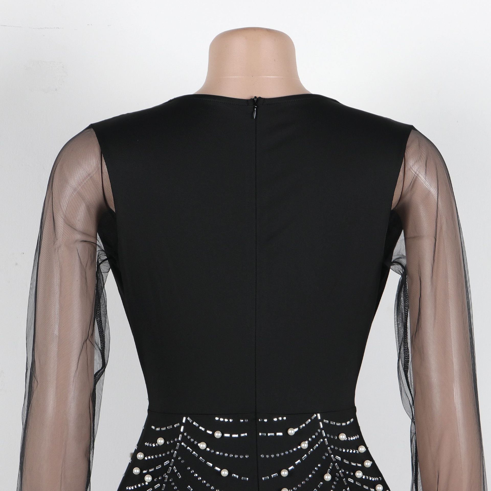 Sexy Drilling V neck Stitching See through Sleeve Hip Stretch Dress