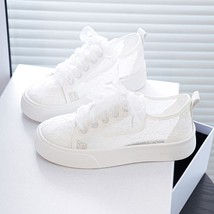 2025 New Summer Lace Mesh Mesh Shoes Summer White Women's Shoes Canvas Shoes Thin Versatile Thick Sole Breathable Board
