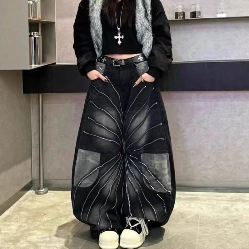 American Retro Washed Lightning Camouflage Patchwork Jeans for Women, Stylish Oversized Pocket Floor-Length Flared Pants American Retro Washed Lightning Camouflage Patchwork Jeans for Women, Stylish Oversized Pocket Floor-Length Flared Pants