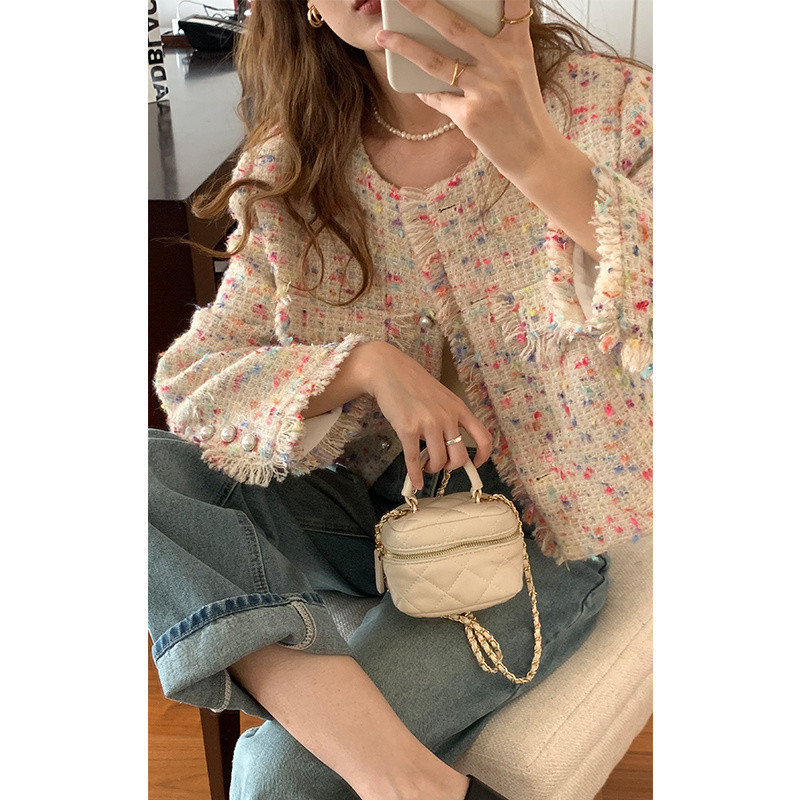 Cross-Border French-Style Socialite Chanel-Inspired Rainbow-Colored Short Jacket for Women, Korean-Style Versatile Elegant Tweed Fringe Jacket Cross-Border French-Style Socialite Chanel-Inspired Rainbow-Colored Short Jacket for Women, Korean-Style Versatile Elegant Tweed Fringe Jacket